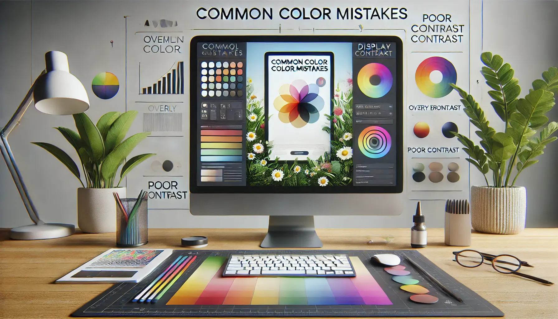 A digital workspace showing an ad design with clashing colors and visual indicators of common color mistakes like poor contrast and overly bright colors.