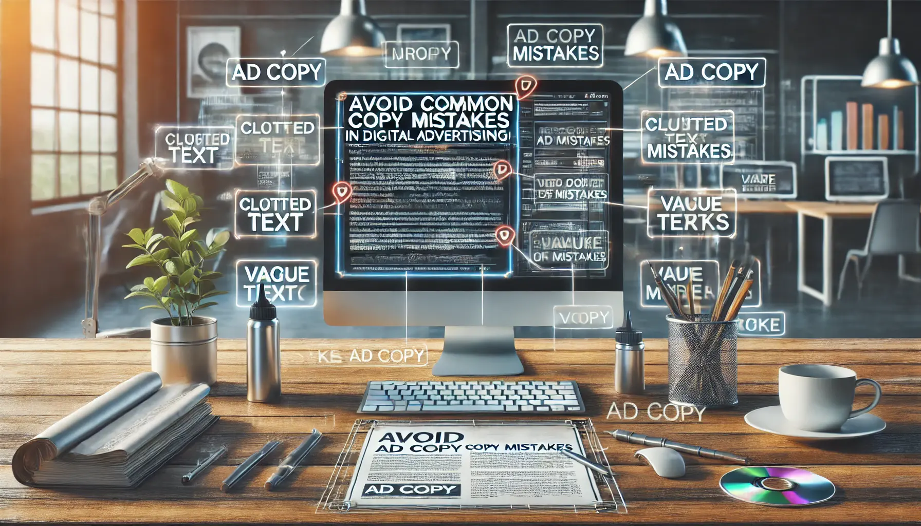 A digital workspace displaying ad copy drafts with visual indicators highlighting common mistakes