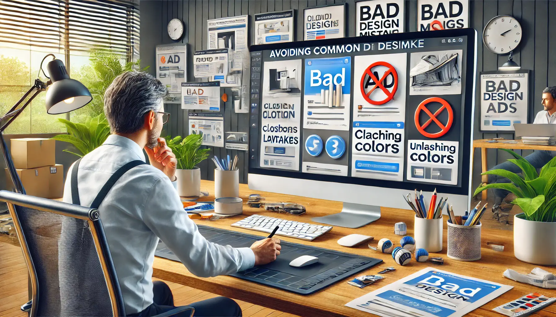 An image of a professional reviewing and editing an ad design to avoid common design mistakes like cluttered layouts and clashing colors.