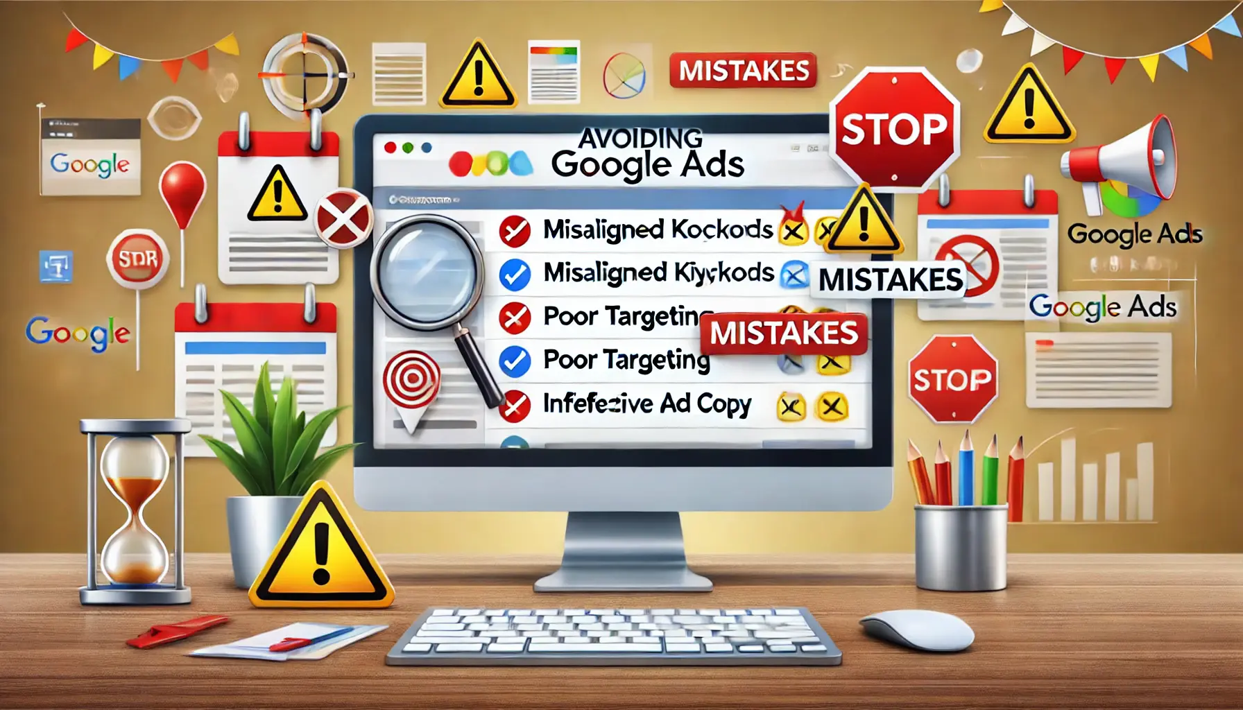 An illustration showing common mistakes in Google Ads, with misaligned keywords, poor targeting, and ineffective ad copy surrounded by warning icons and red flags.