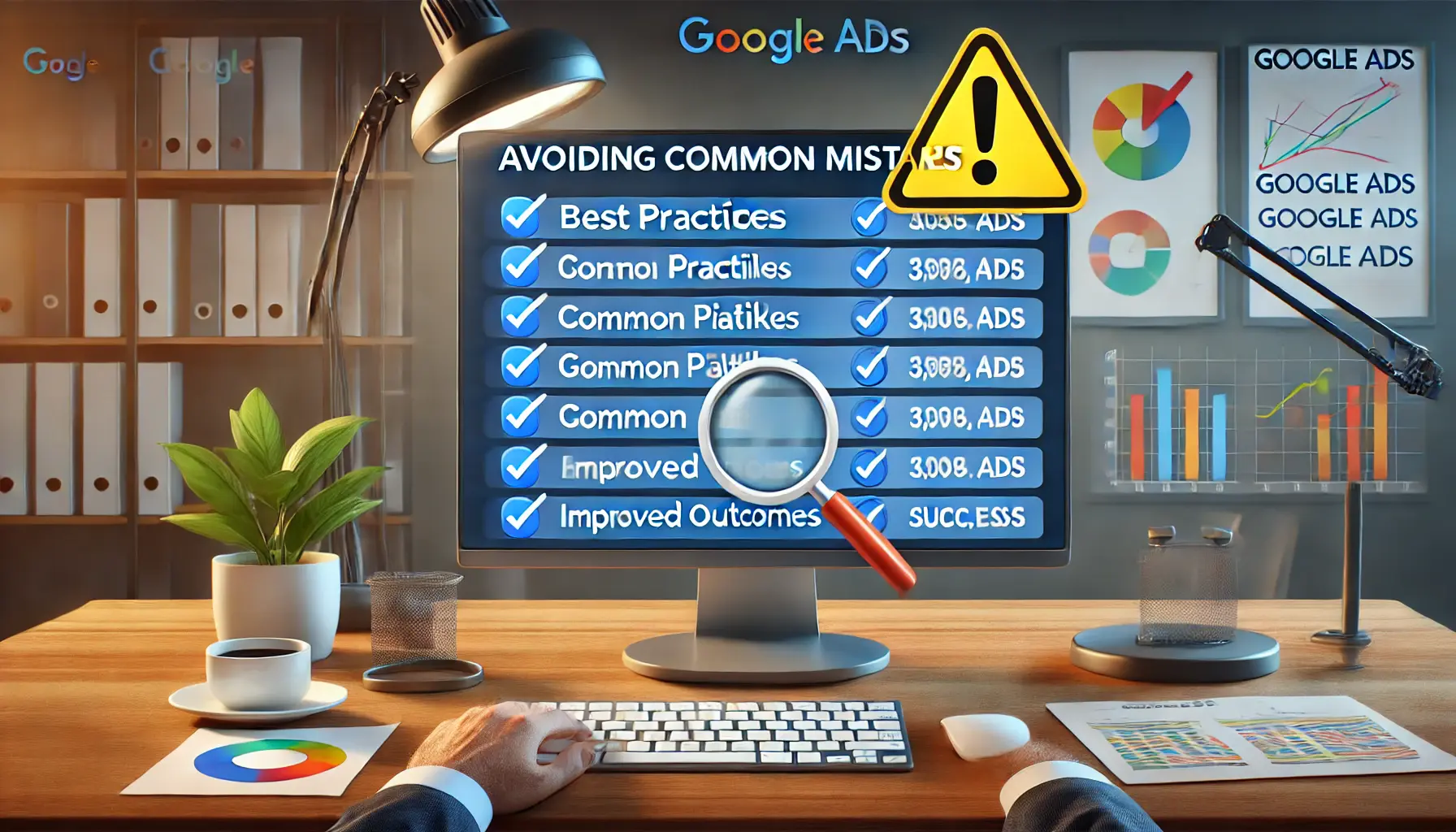 A computer screen showing a checklist of best practices and common pitfalls in Google Ads, surrounded by a magnifying glass and success graph.