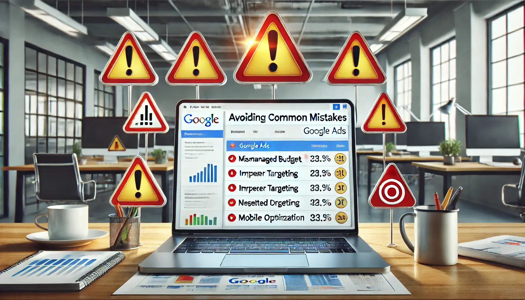 A digital workspace with a laptop displaying a Google Ads campaign dashboard, surrounded by warning symbols like exclamation marks and red flags, representing common mistakes.