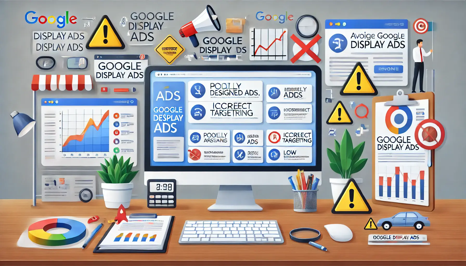 A professional workspace with a computer displaying a Google Display Ads dashboard, highlighting common issues like poorly designed ads and incorrect targeting, surrounded by visual elements like warning signs and red flags.