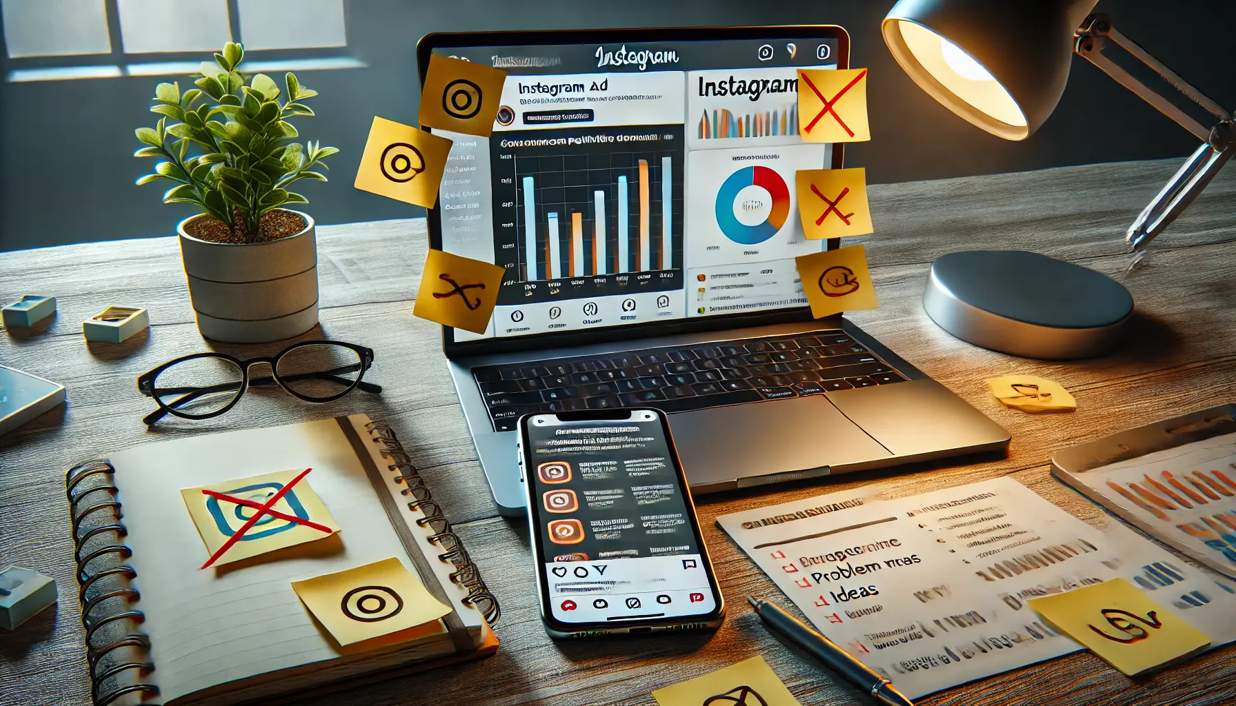 A smartphone displaying an Instagram ad with low engagement surrounded by a laptop showing analytics, crossed-out sticky notes, and a notebook with corrective ideas.