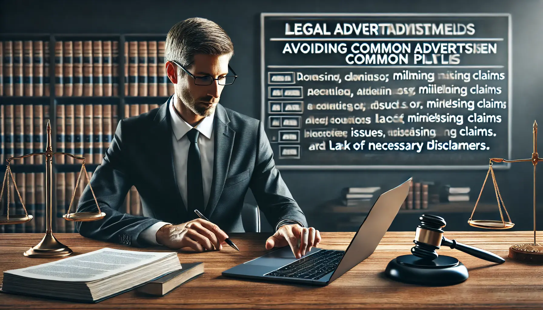 Illustration of a lawyer reviewing an advertisement on a laptop, focusing on avoiding common advertising pitfalls, with legal elements in the background.