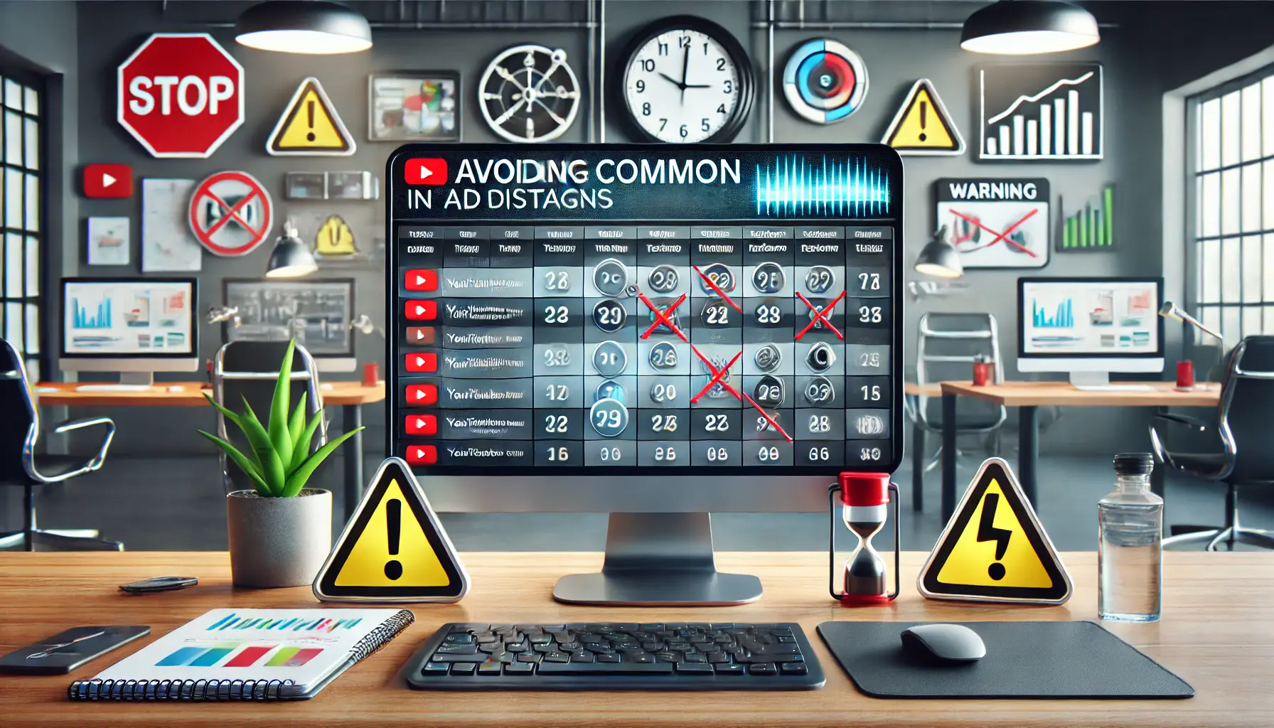 A digital marketing workspace with a computer screen showing an ad schedule with mistakes, such as incorrect timing and poor performance metrics.