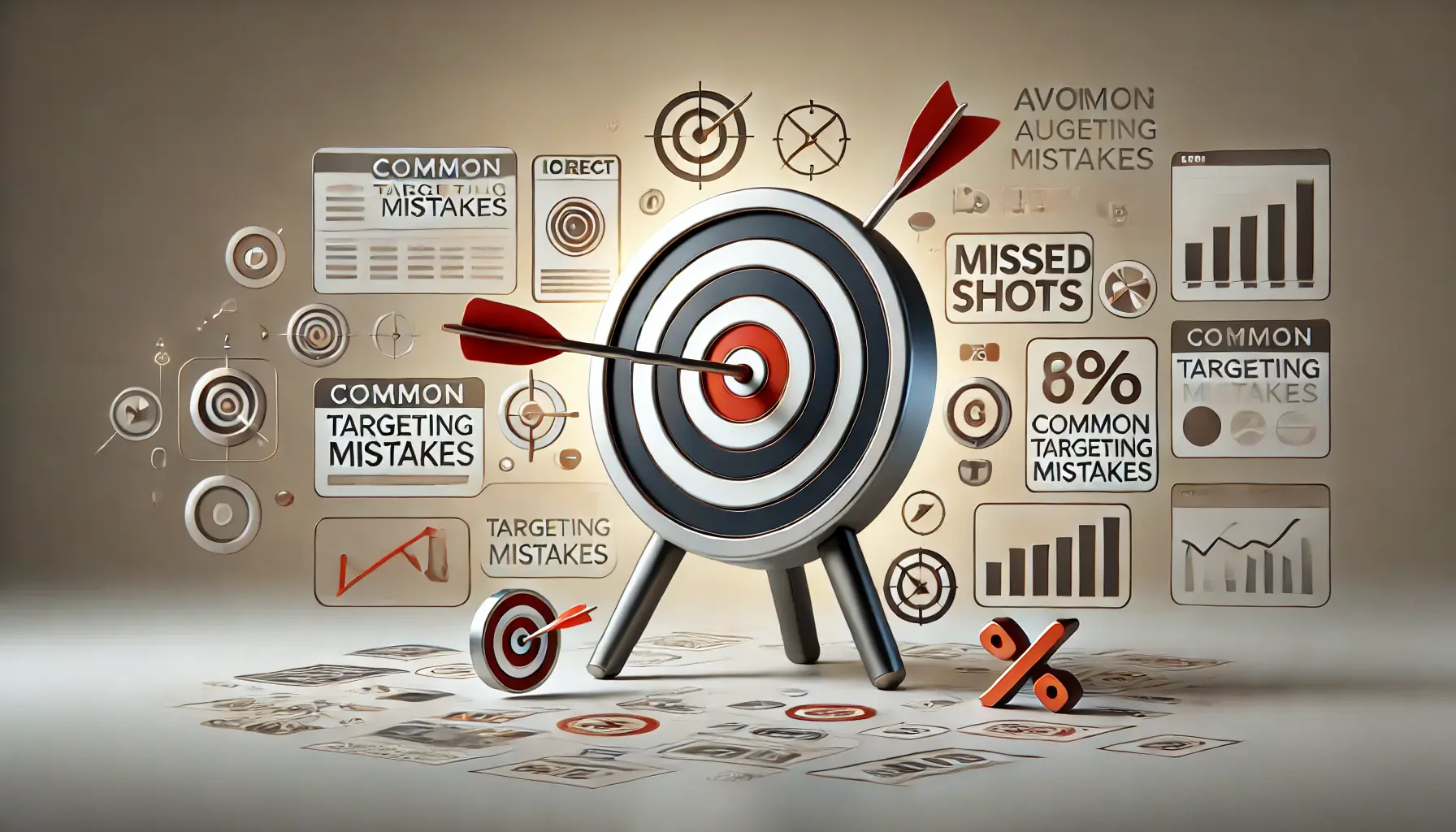 An image illustrating common targeting mistakes in digital advertising, with missed shots around a target.