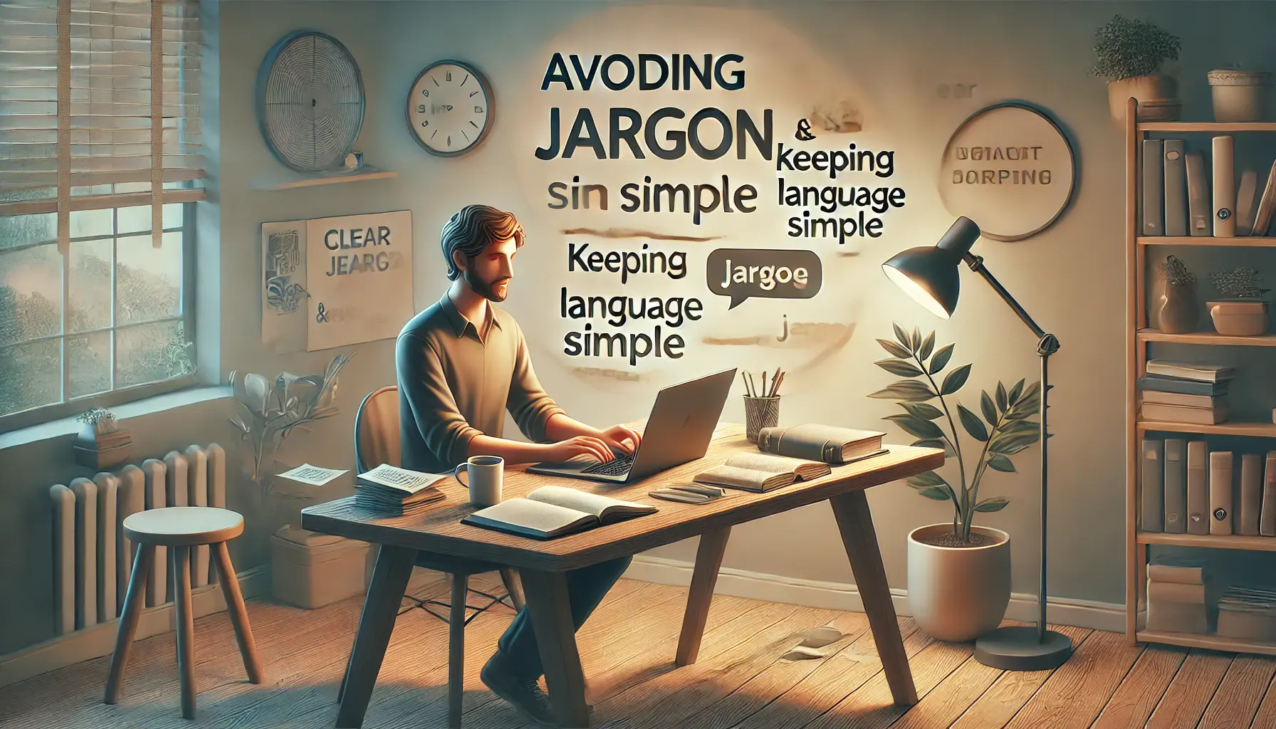 A content writer working on a laptop in a modern, minimalist workspace, surrounded by a notepad, coffee cup, and plant.