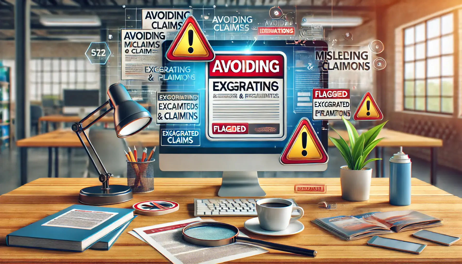 A digital workspace with a computer displaying an ad with exaggerated claims being flagged, surrounded by documents, a cup of coffee, and a magnifying glass.