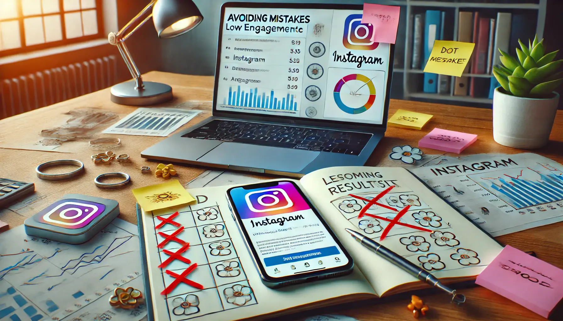 A smartphone displaying an Instagram ad with low engagement surrounded by a laptop showing error messages, crossed-out ad designs, and sticky notes with improvement suggestions.