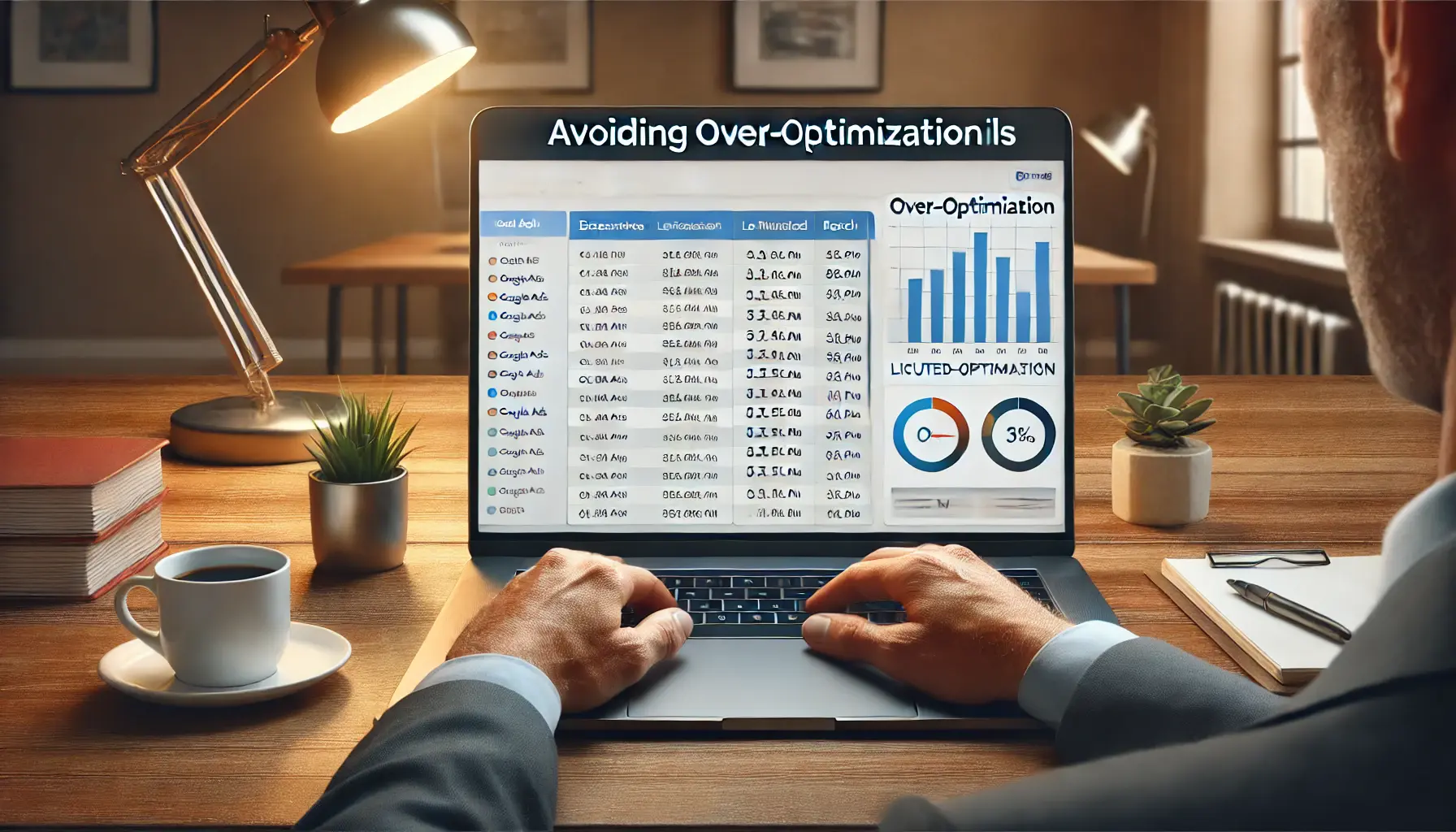 A business professional reviewing a Google Ads dashboard on a laptop, illustrating the pitfalls of over-optimization with excessive adjustments and reduced ad visibility.