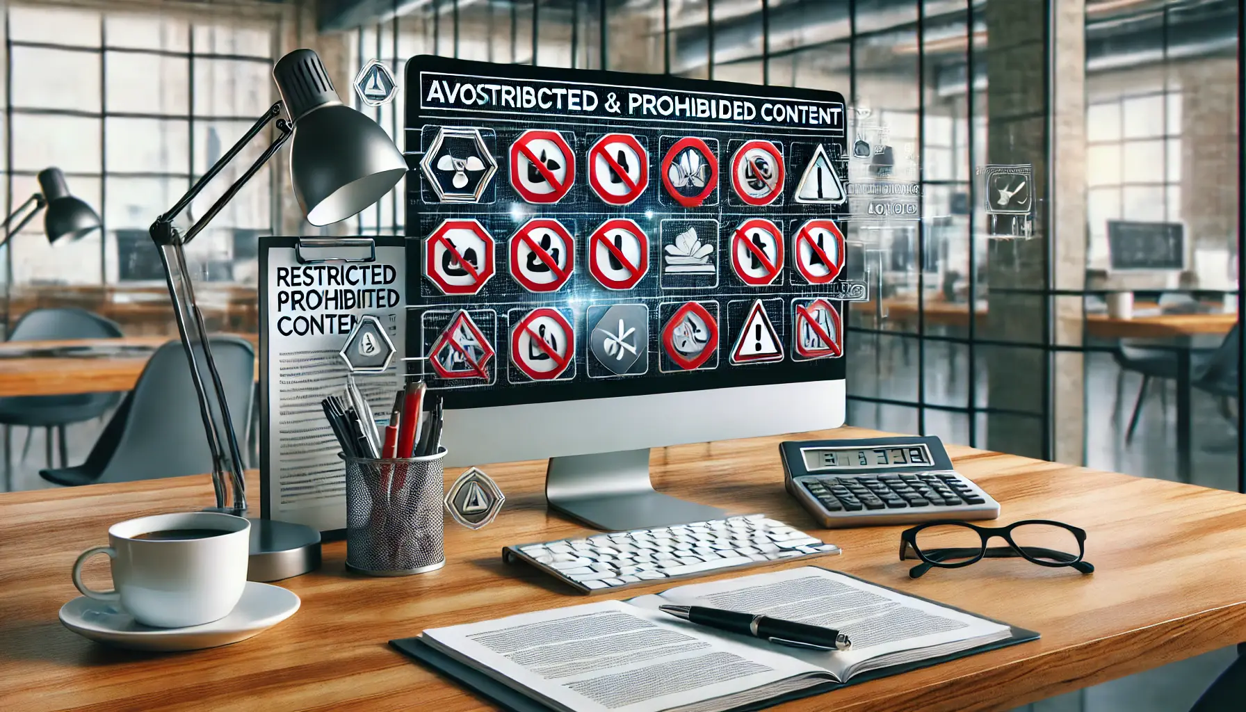 A digital marketing workspace with a computer displaying restricted and prohibited content symbols, surrounded by documents and a coffee cup.