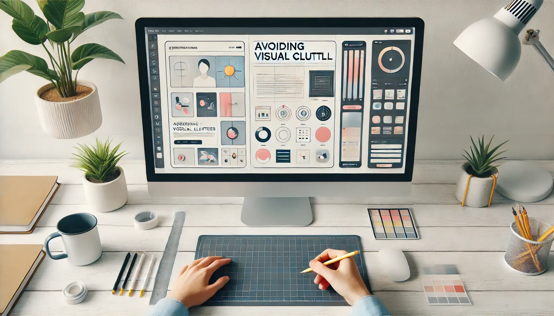 Image showing a designer working on a digital ad, simplifying the design with minimal elements, focusing on clarity and simplicity.