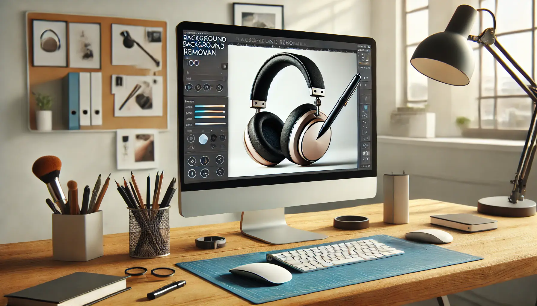 A computer screen showing AI-driven background removal on a pair of headphones, surrounded by creative tools and product samples.