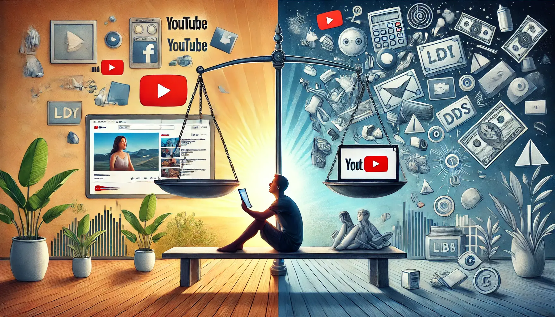 A split-screen design showing a user enjoying a YouTube video with minimal ads on one side and frustration due to cluttered ads on the other side, symbolizing balance in ad exposure.