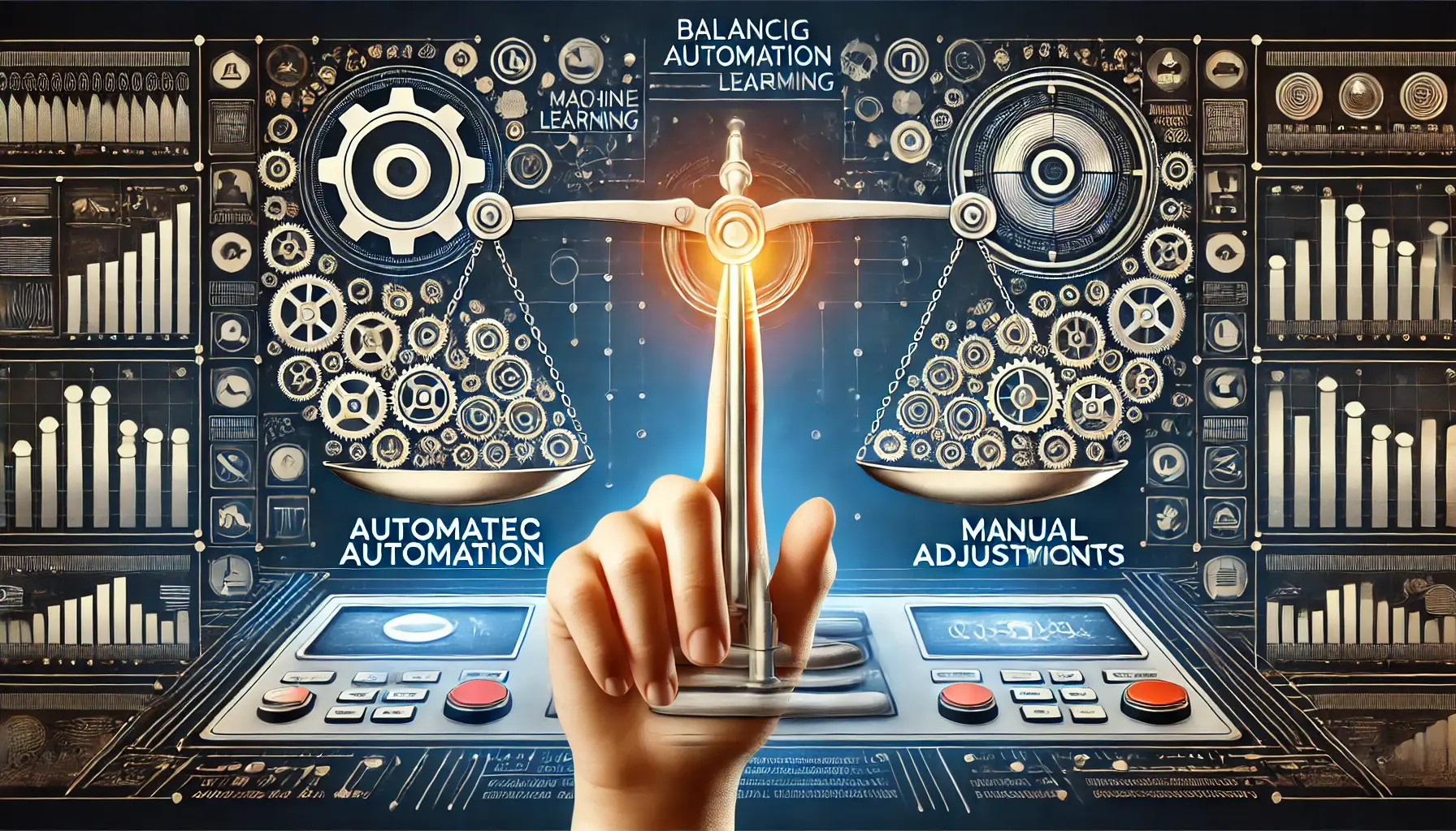 An image showing a digital interface with automated systems and a hand making manual adjustments to symbolize the balance between automation and human oversight in digital advertising.