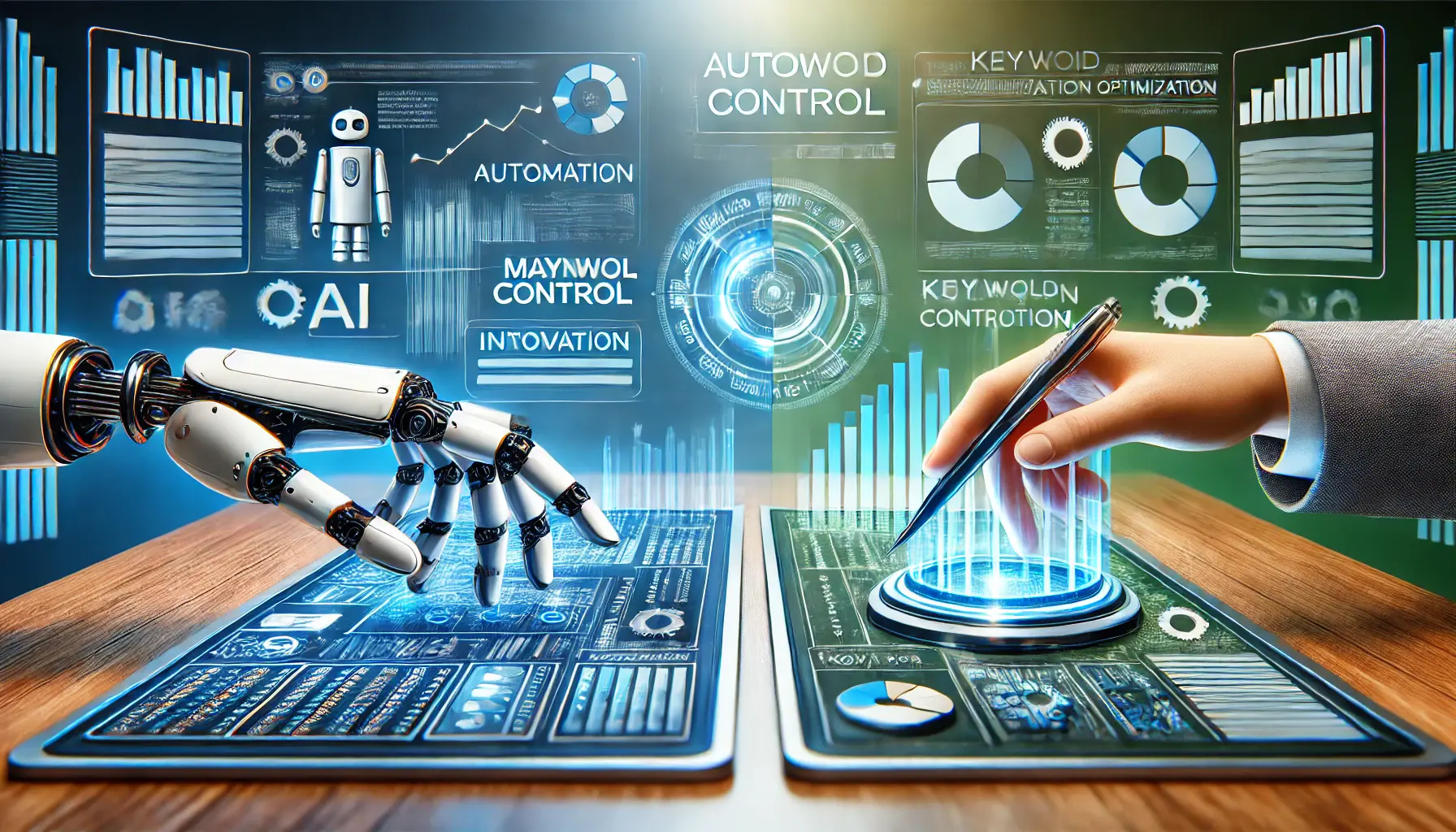 A depiction of balancing automation and manual control with robotic and human hands interacting with a digital workspace.