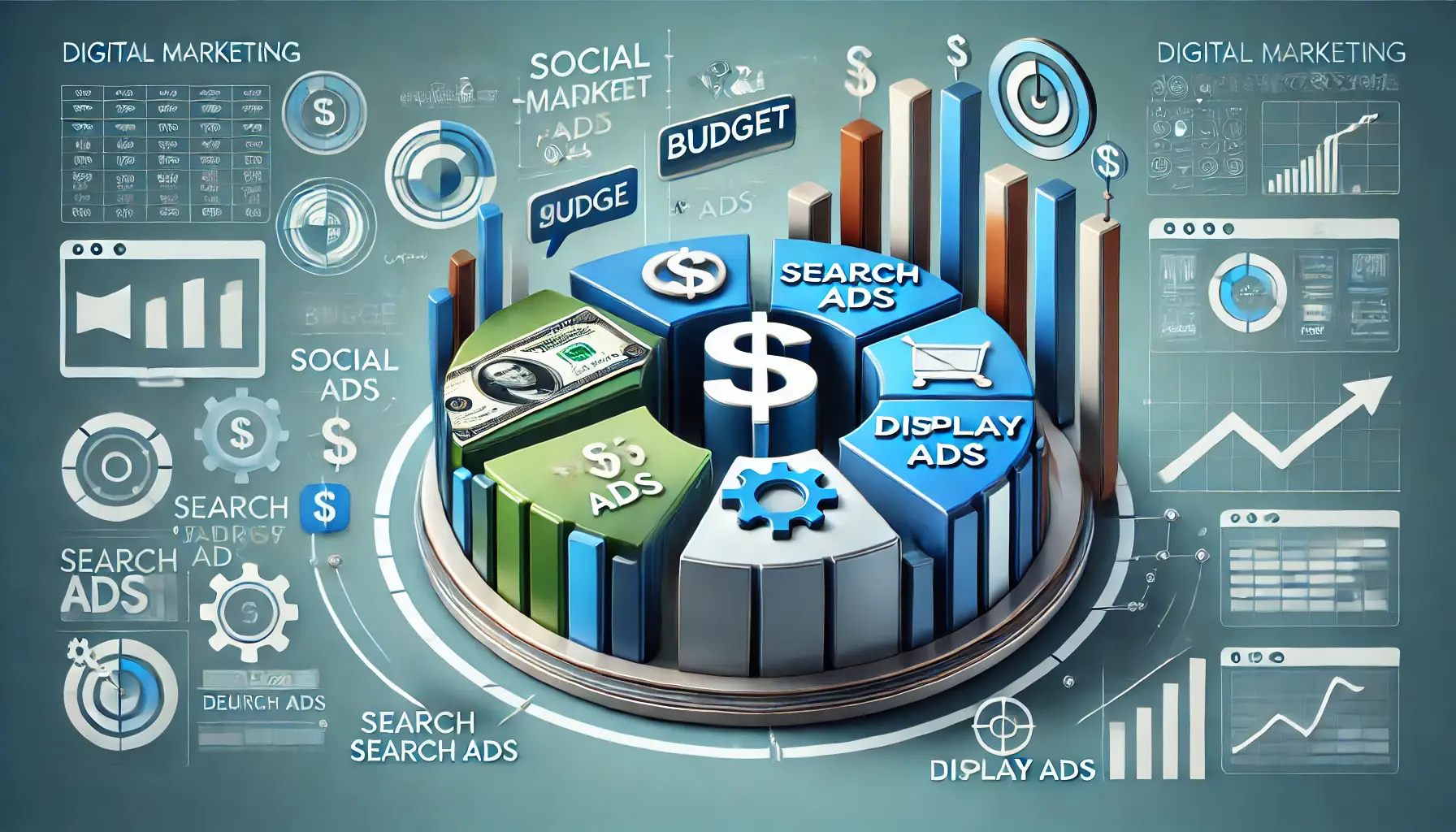 A digital marketing scene showing a pie chart or bar graph representing various marketing channels, with dollar signs and budget symbols indicating resource allocation.