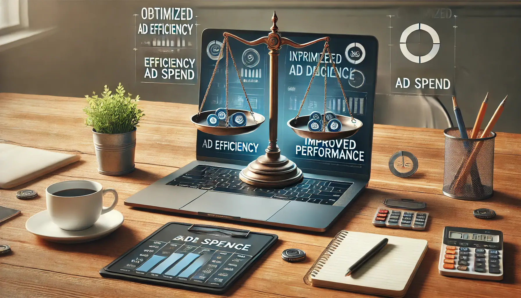 A digital marketing workspace with a laptop displaying a balance scale showing optimized ad spend and improved performance metrics.