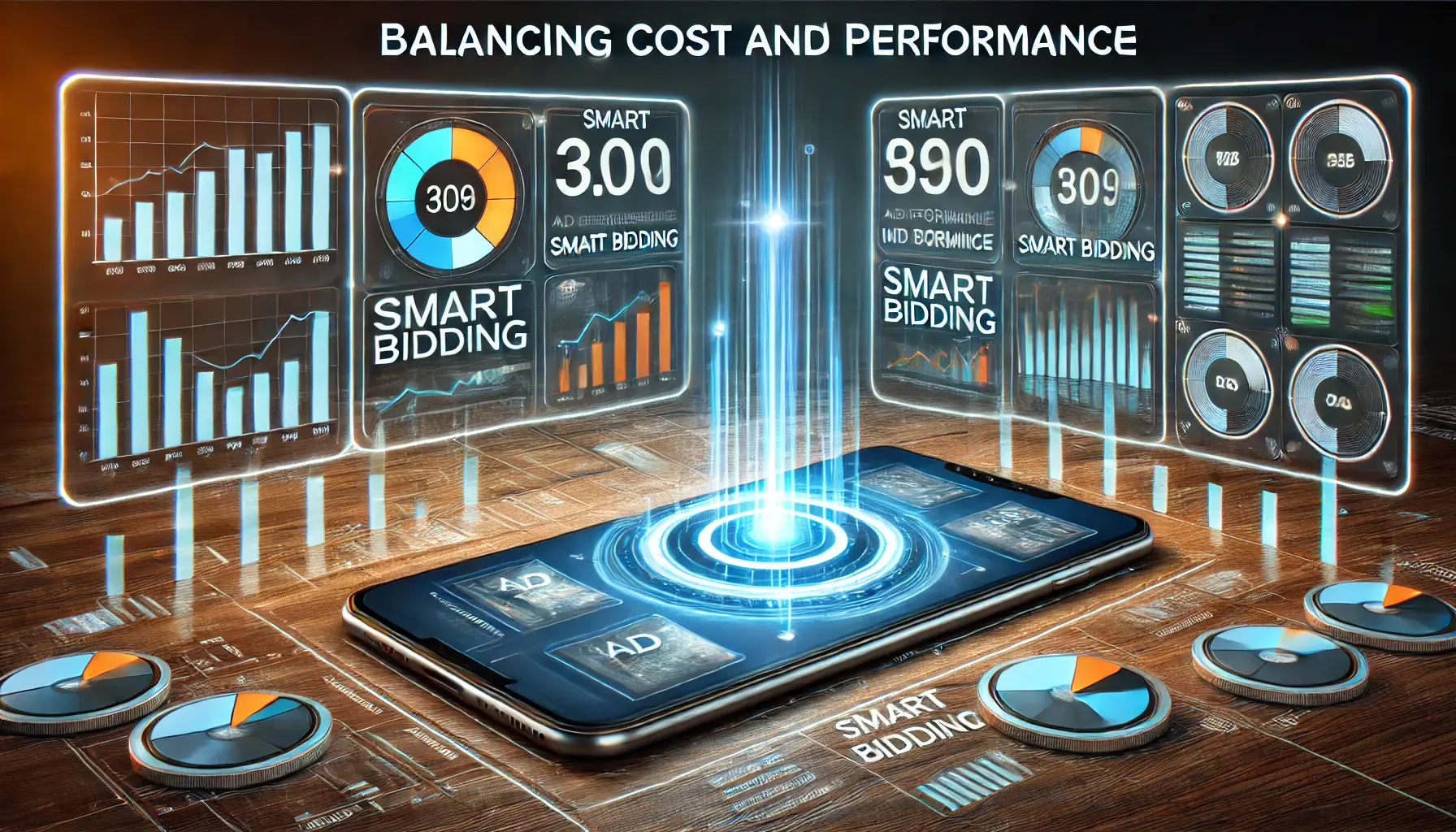 An image illustrating smart bidding with a digital dashboard, graphs, and mobile devices adjusting ad performance and cost in real-time.