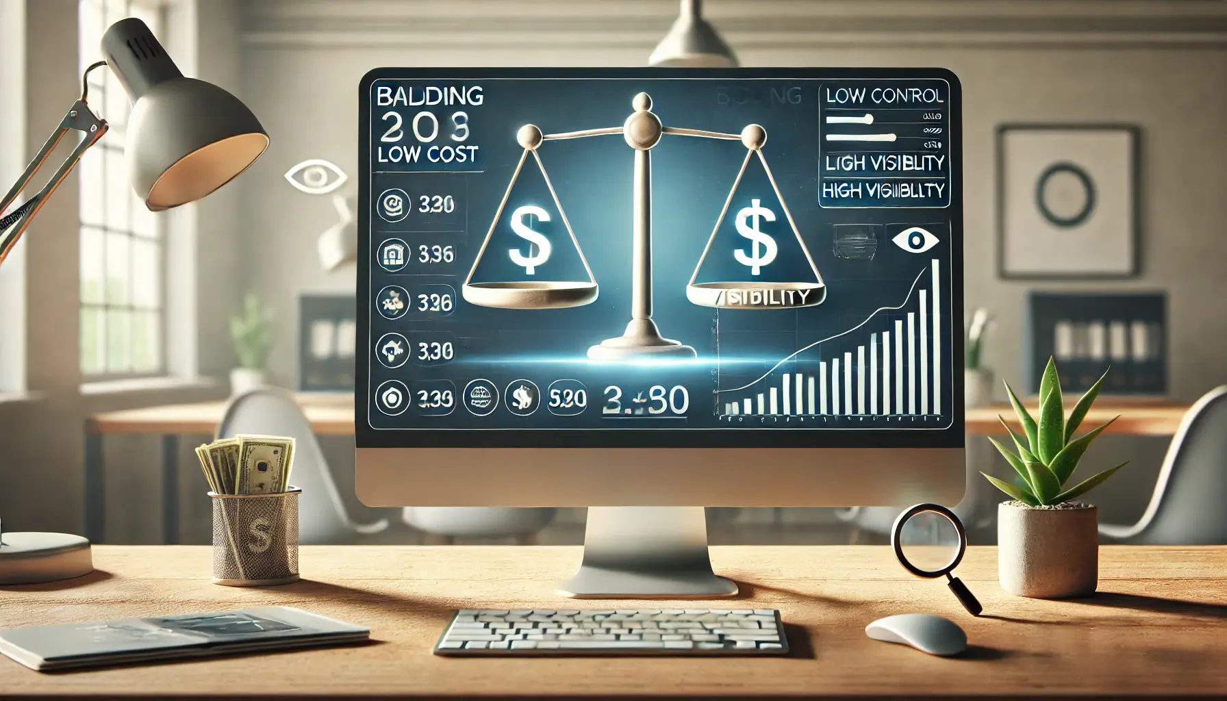 A computer screen displaying a bidding dashboard with a balance scale icon representing cost and visibility, surrounded by cost control and visibility icons.