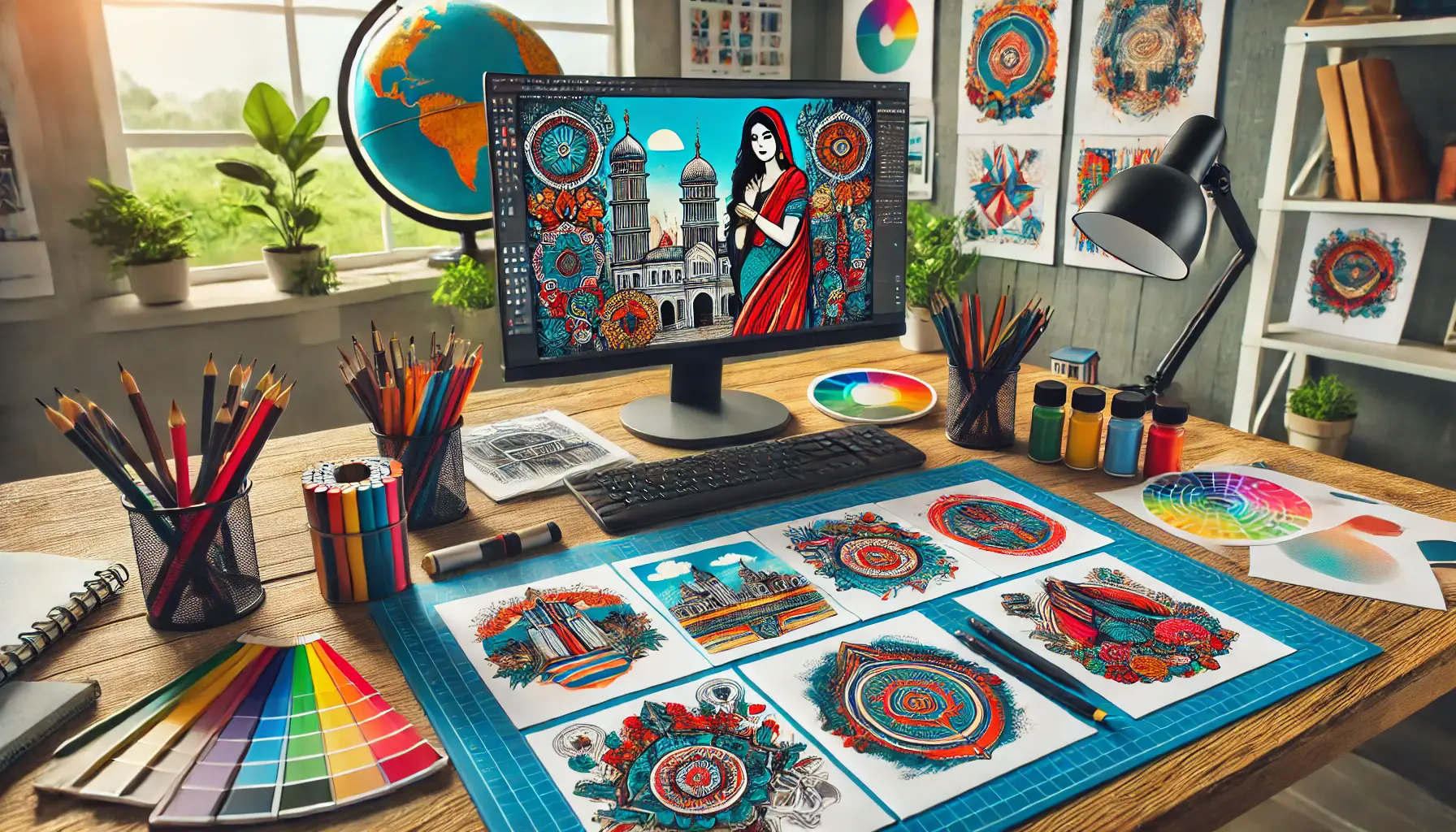 A designer's workspace with ad prototypes showcasing diverse cultural elements and artistic visuals.