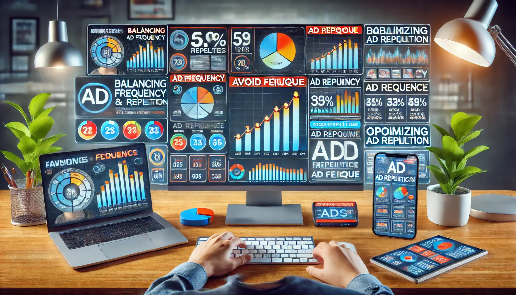 Image showing a digital marketer analyzing ad performance metrics on a computer screen, with visual data on ad frequency and user engagement across multiple devices.