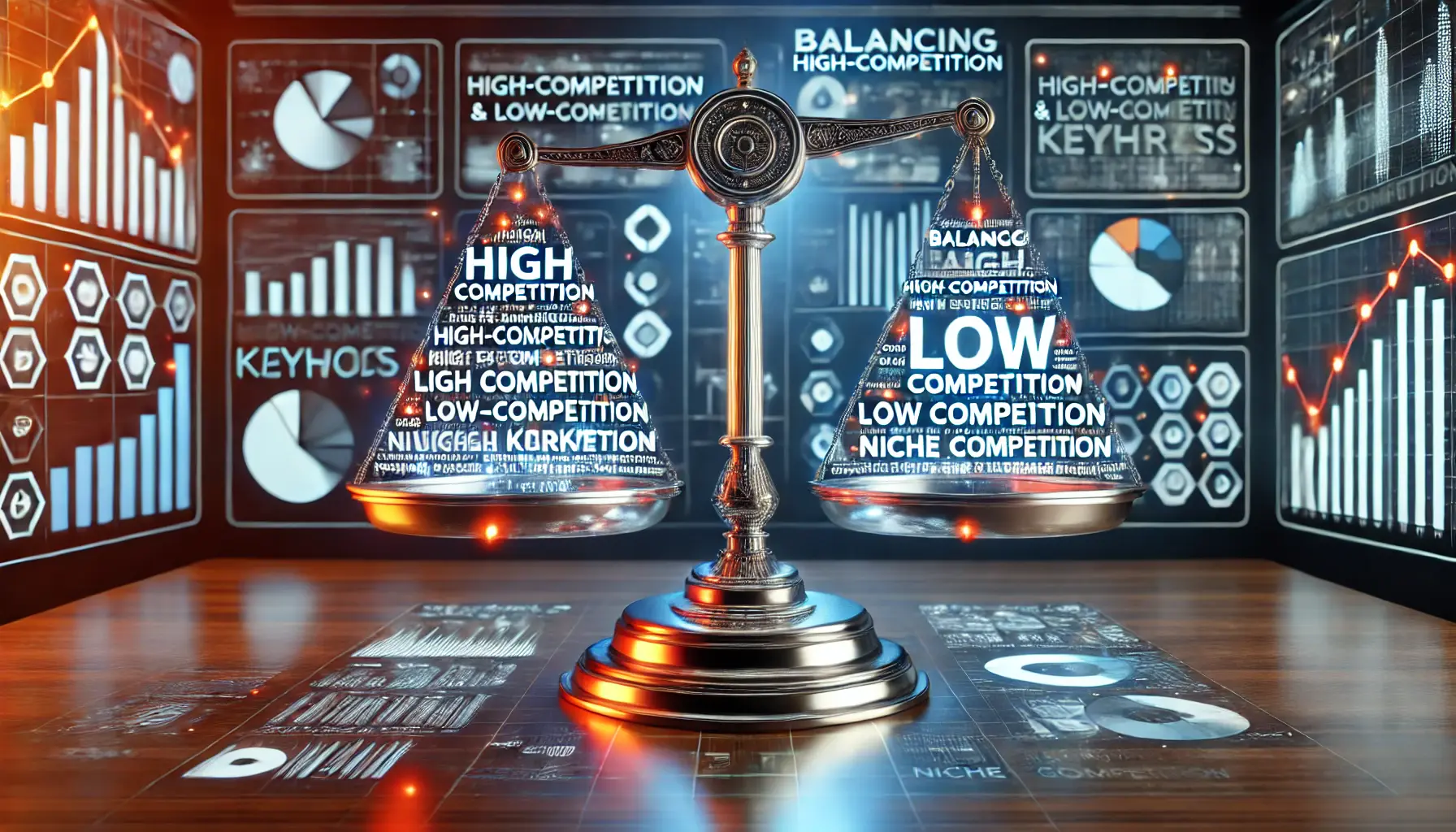 Illustration of balancing high-competition and low-competition keywords, featuring a scale with glowing keywords on each side in a digital workspace.