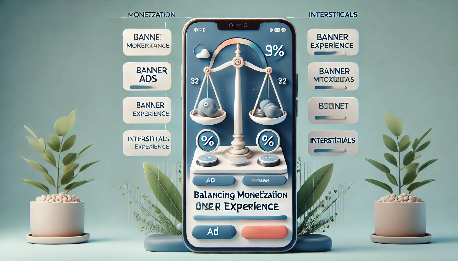 A smartphone screen displaying an app with seamless integration of ads like banner and interstitial ads, with abstract balance symbols representing the equilibrium between monetization and user experience.