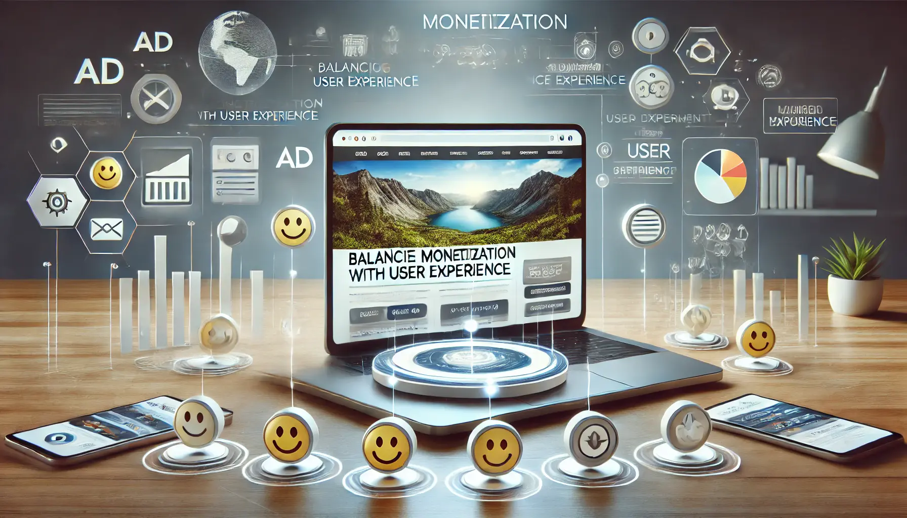 An image showing a laptop displaying a website with seamless ad integration and visual elements of user satisfaction and ad placement strategies.