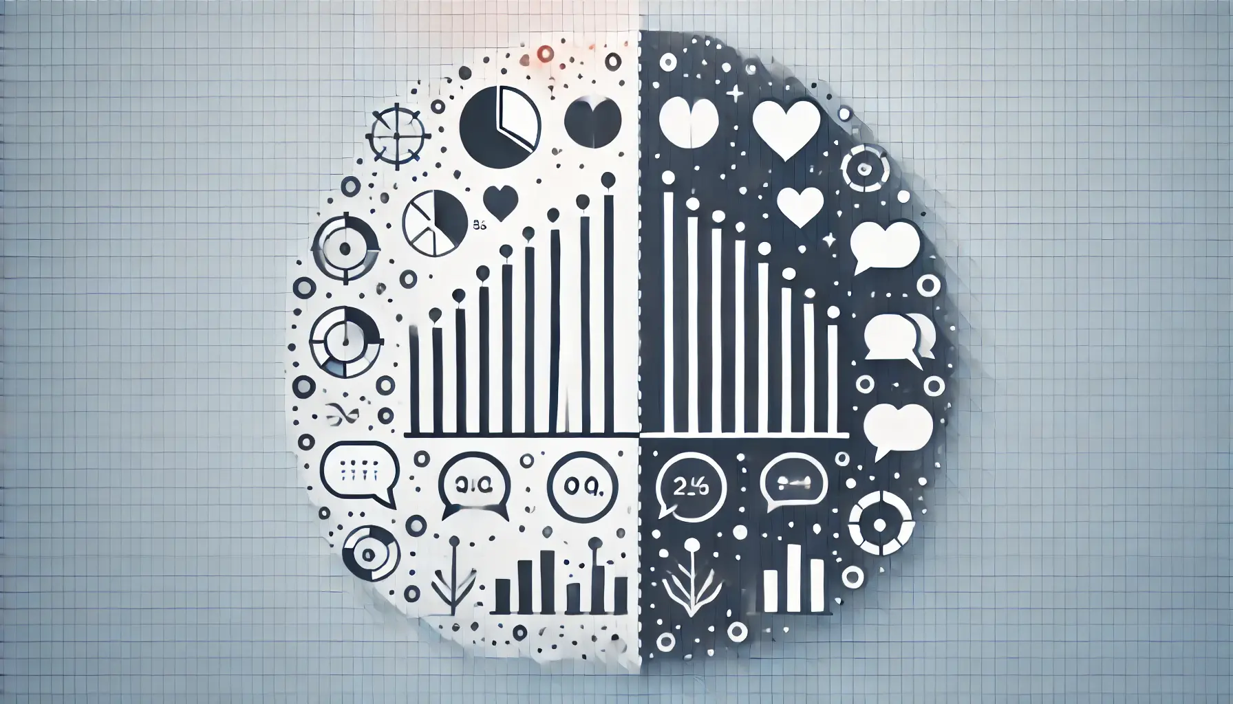 An illustration showing the balance between numerical data charts and symbols representing qualitative feedback, such as speech bubbles and hearts.