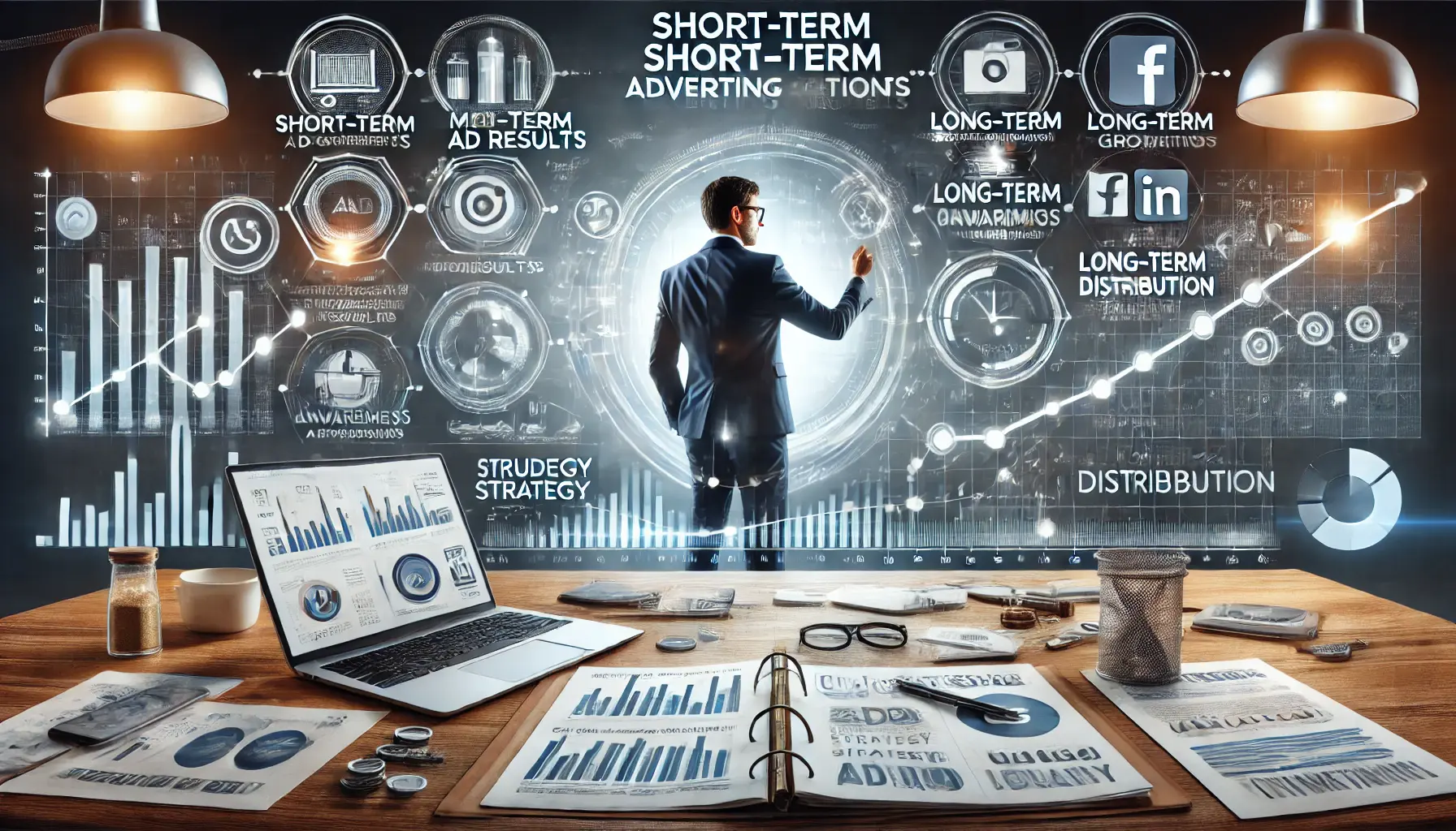 A digital illustration of a business workspace displaying a dual-scale concept, with one side showing short-term ad metrics like engagement and conversions, while the other highlights long-term goals such as brand awareness and customer loyalty. A marketing professional is adjusting a strategy dashboard on a laptop with floating graphical elements.