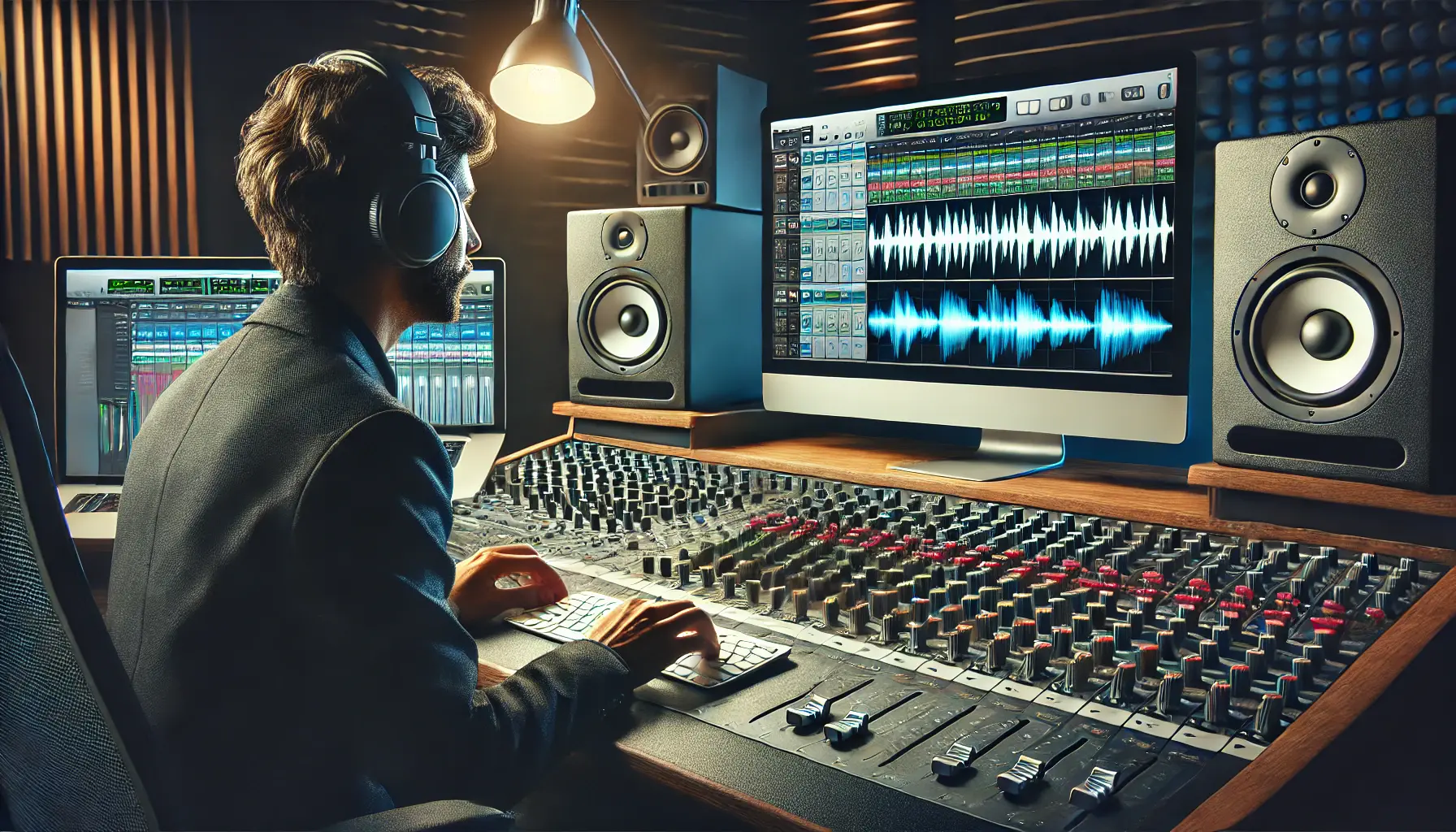 An audio engineer adjusting the mixing console in a sound studio, balancing voiceover and background music tracks on the computer screen.