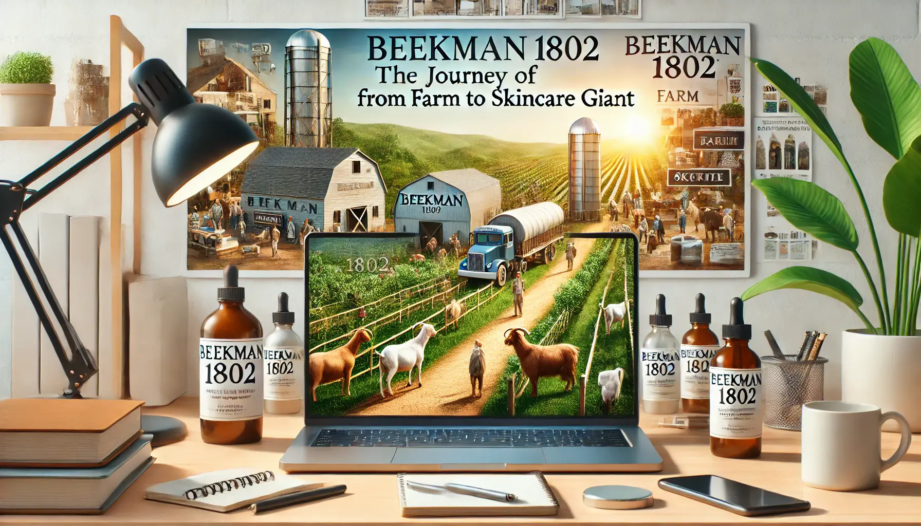 A laptop displaying a digital marketing campaign for a skincare brand, featuring farm-related visuals (goats, farm setting) and skincare products, surrounded by a notebook, smartphone, and coffee cup in a modern office setting.