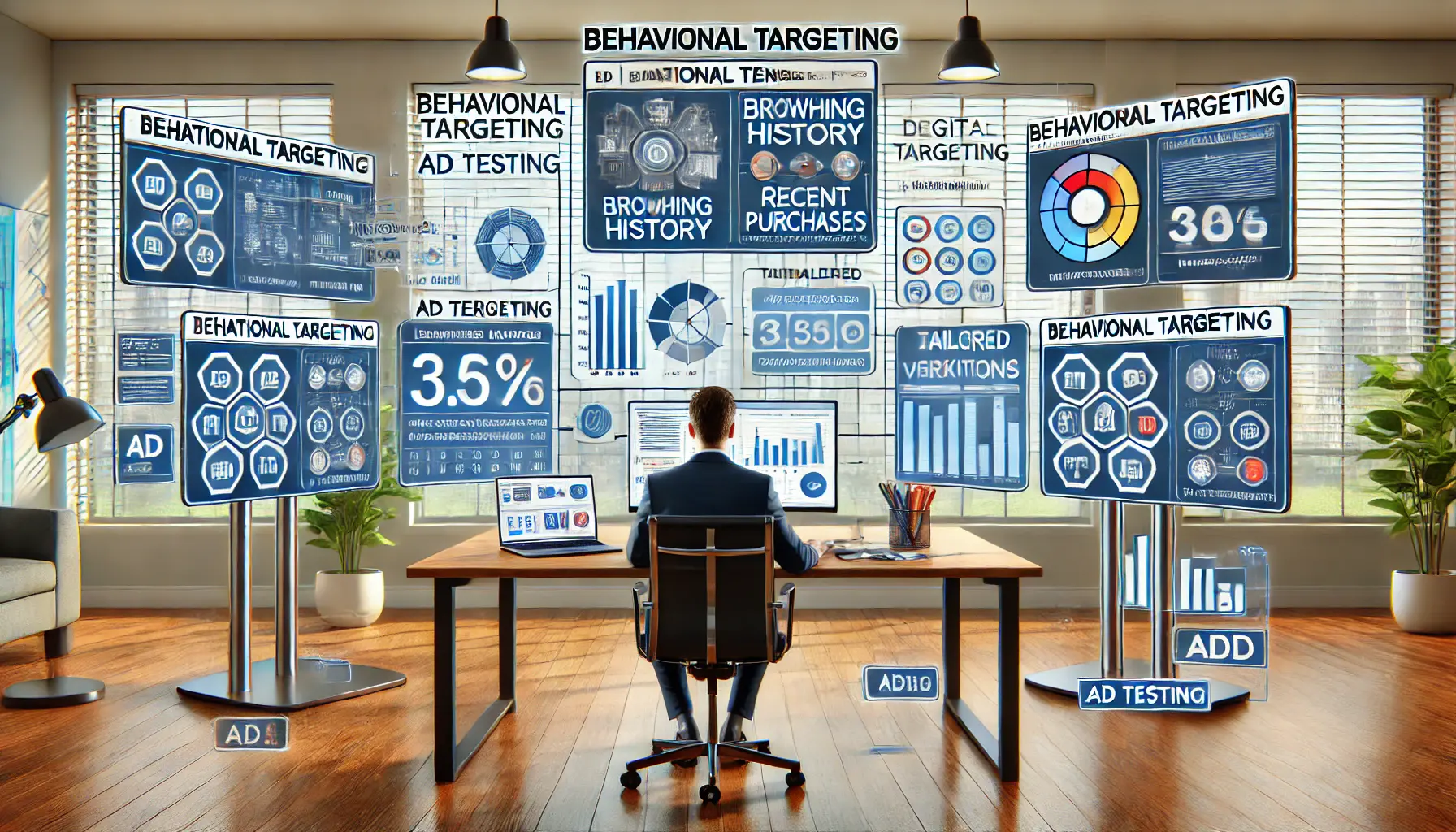 A digital marketer analyzing behavioral data, including browsing history and purchases, for ad testing in a modern office.