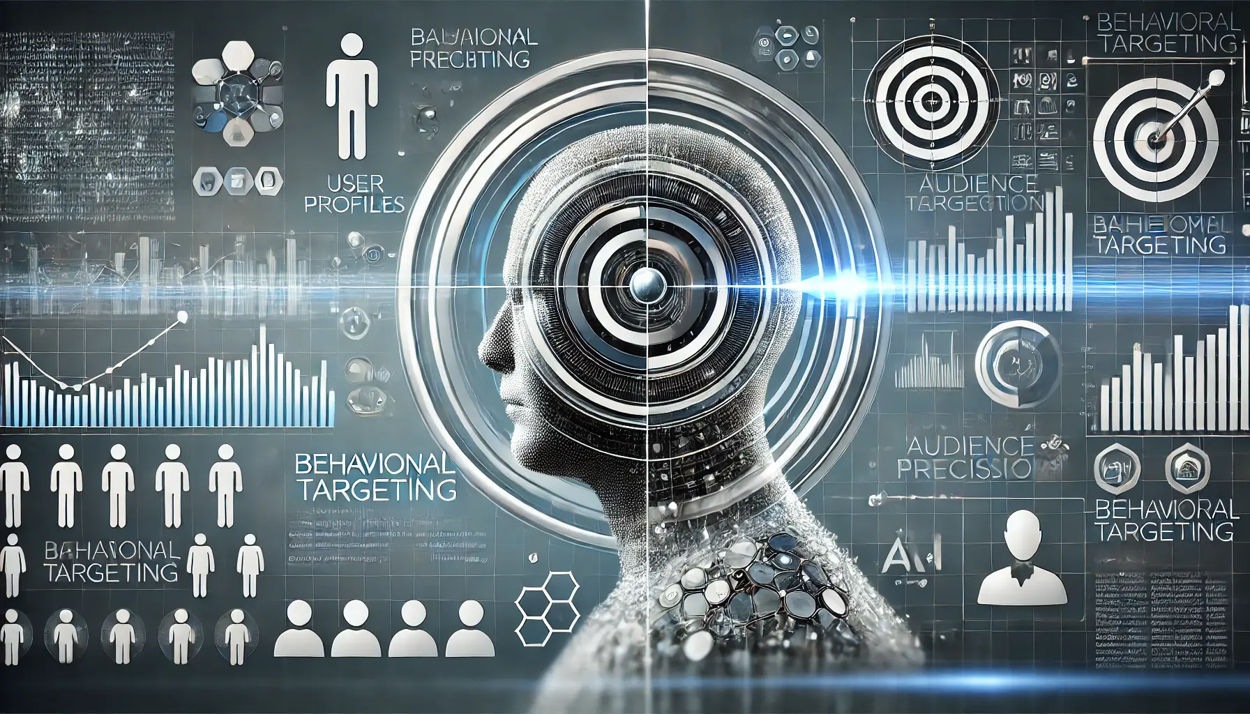 Abstract illustration representing behavioral targeting with user profiles, data patterns, and precision targeting icons in cool tones.