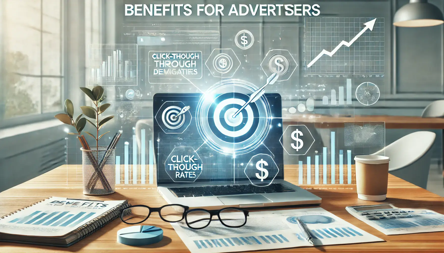 A professional workspace showcasing campaign performance metrics on a laptop, with icons representing growth, targeting, and cost efficiency.