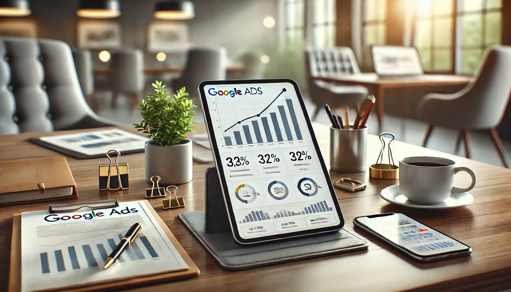 A professional workspace featuring a tablet displaying an analytics dashboard with upward-trending graphs, surrounded by service-related items like a clipboard and smartphone.