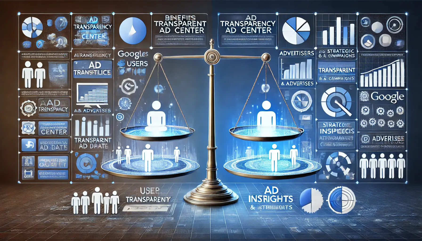 A conceptual visualization of the benefits of the Ad Transparency Center for both users and advertisers, showing a user interacting with transparent ad data and an advertiser optimizing campaigns.