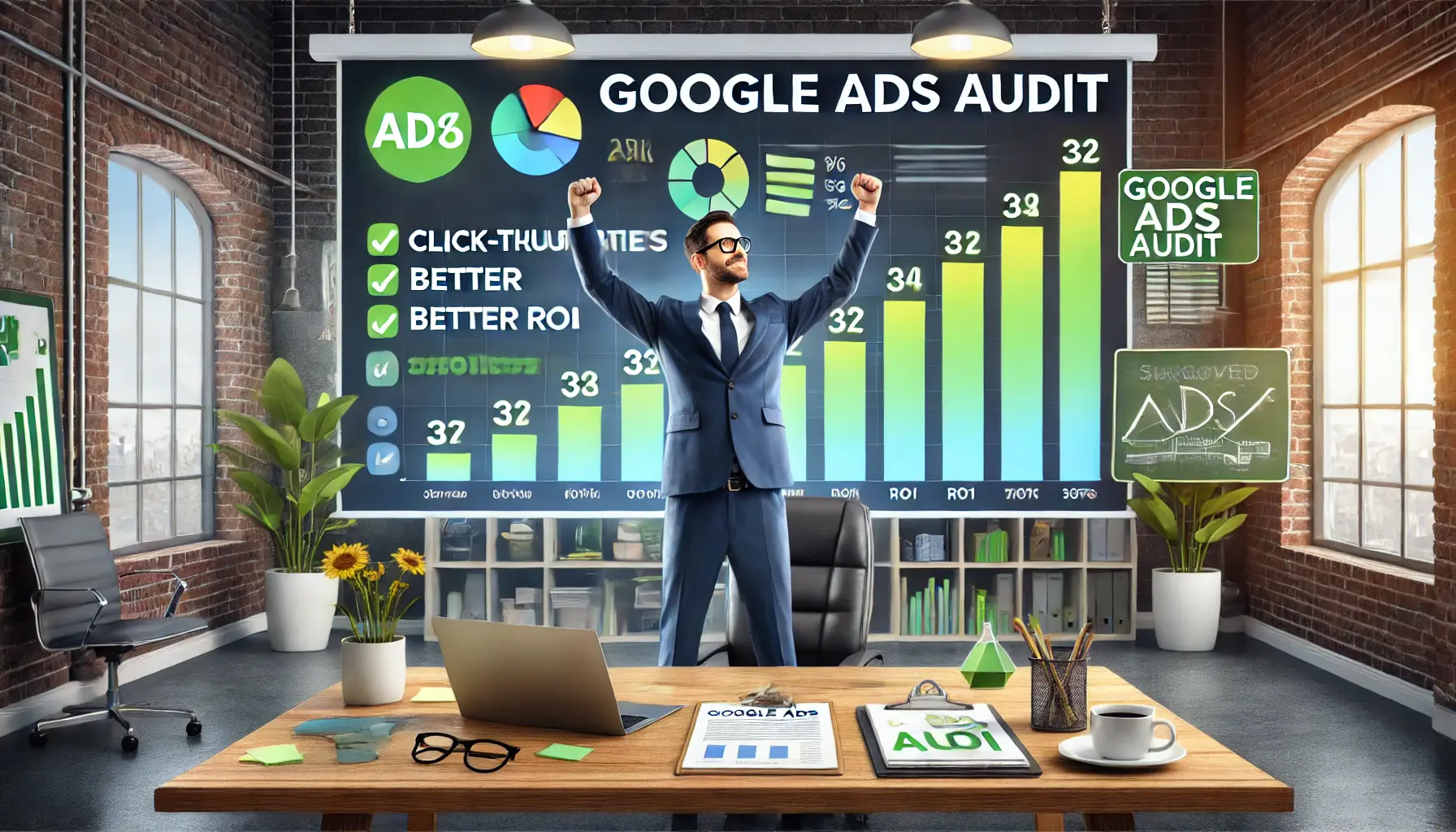 A digital marketer celebrating improved campaign metrics displayed on a large screen, symbolizing the success of a well-executed Google Ads audit.