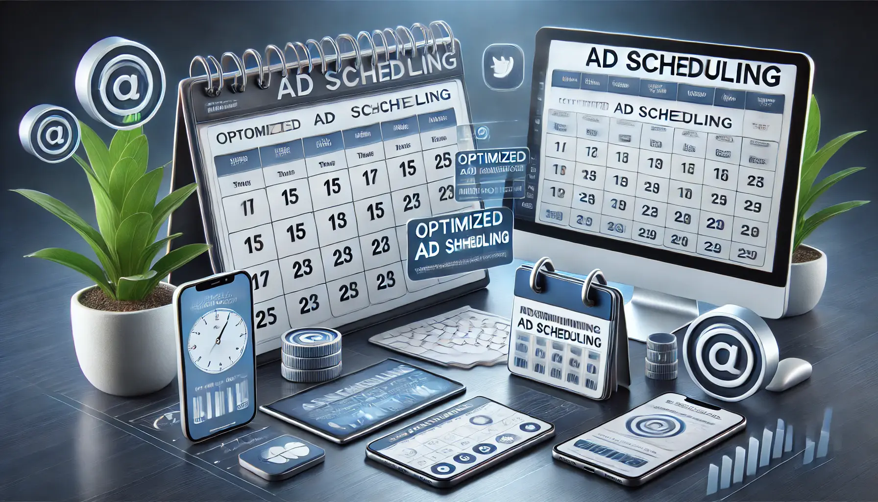 Illustration of the benefits of ad scheduling with a campaign calendar and performance metrics across devices.