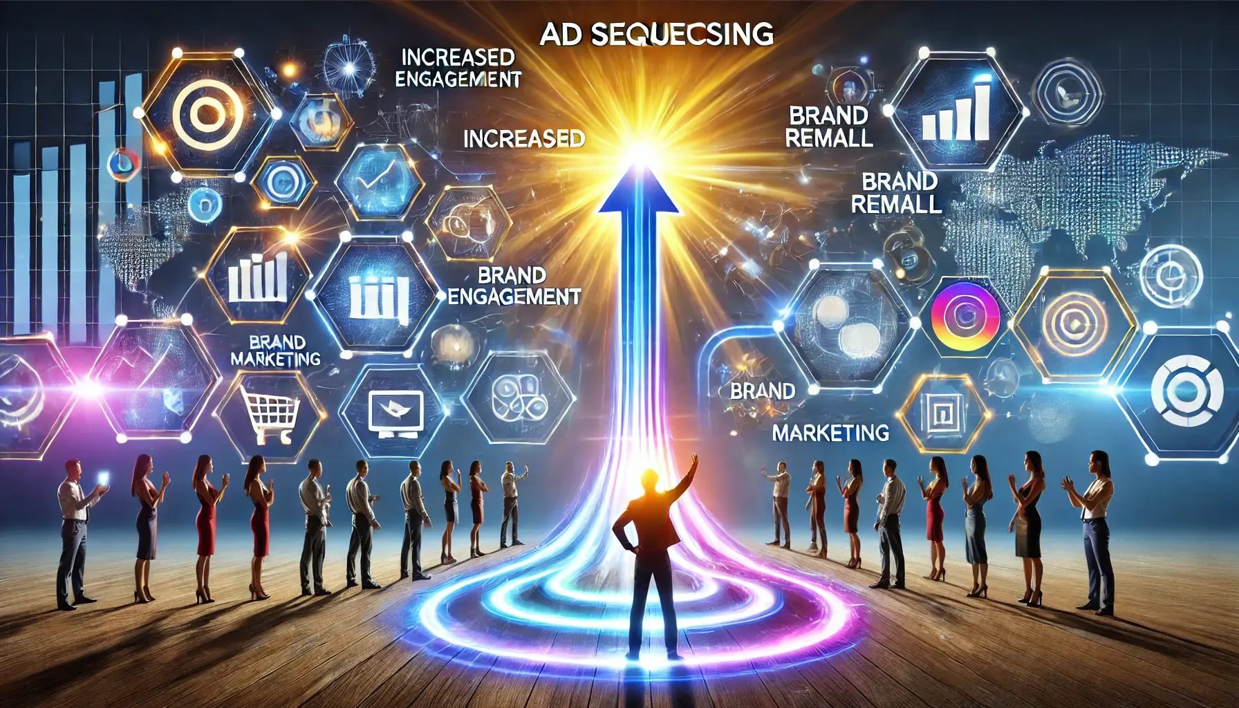 A vibrant illustration of interconnected elements showcasing the benefits of ad sequencing, including engagement, brand recall, and conversions.