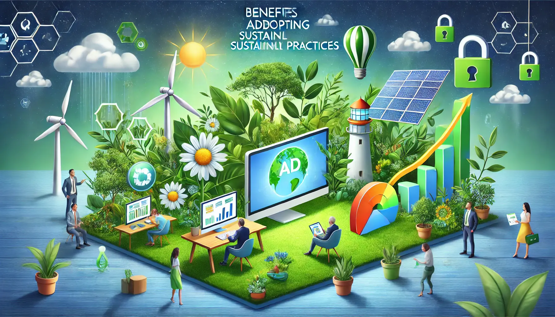 Illustration showing the benefits of sustainable advertising, with eco-friendly elements like solar panels, wind turbines, and green plants surrounding digital marketing tools.