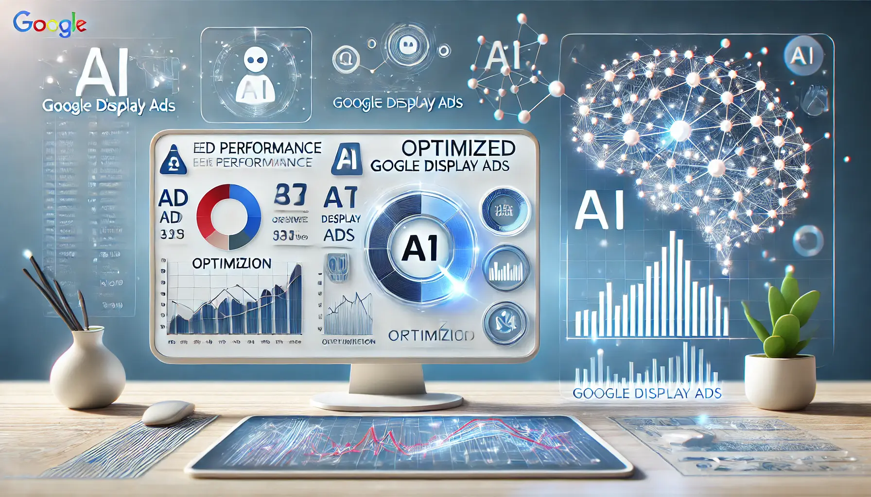 A digital workspace with ad metrics, growth indicators, and AI visuals illustrating the benefits of AI automation in Google Display Ads.