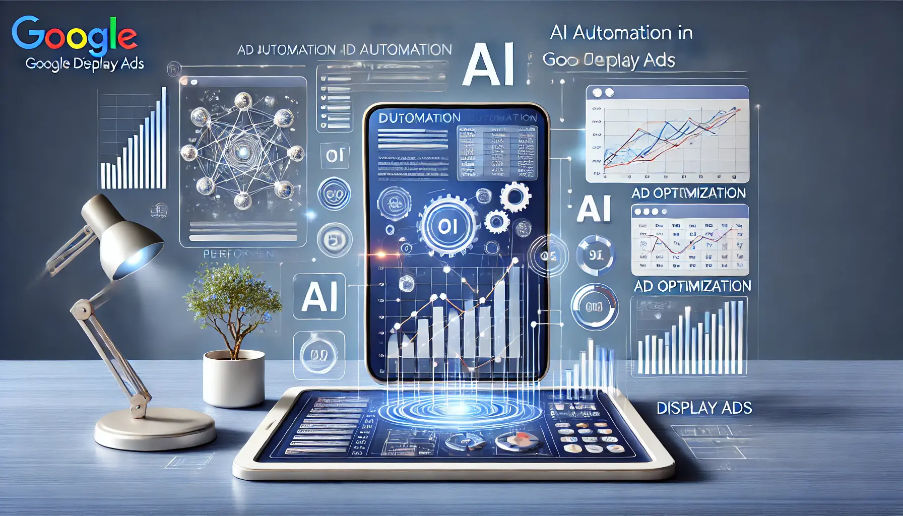 An image illustrating the benefits of AI automation in Google Display Ads, with a digital workspace displaying performance metrics, optimization graphs, and AI elements.