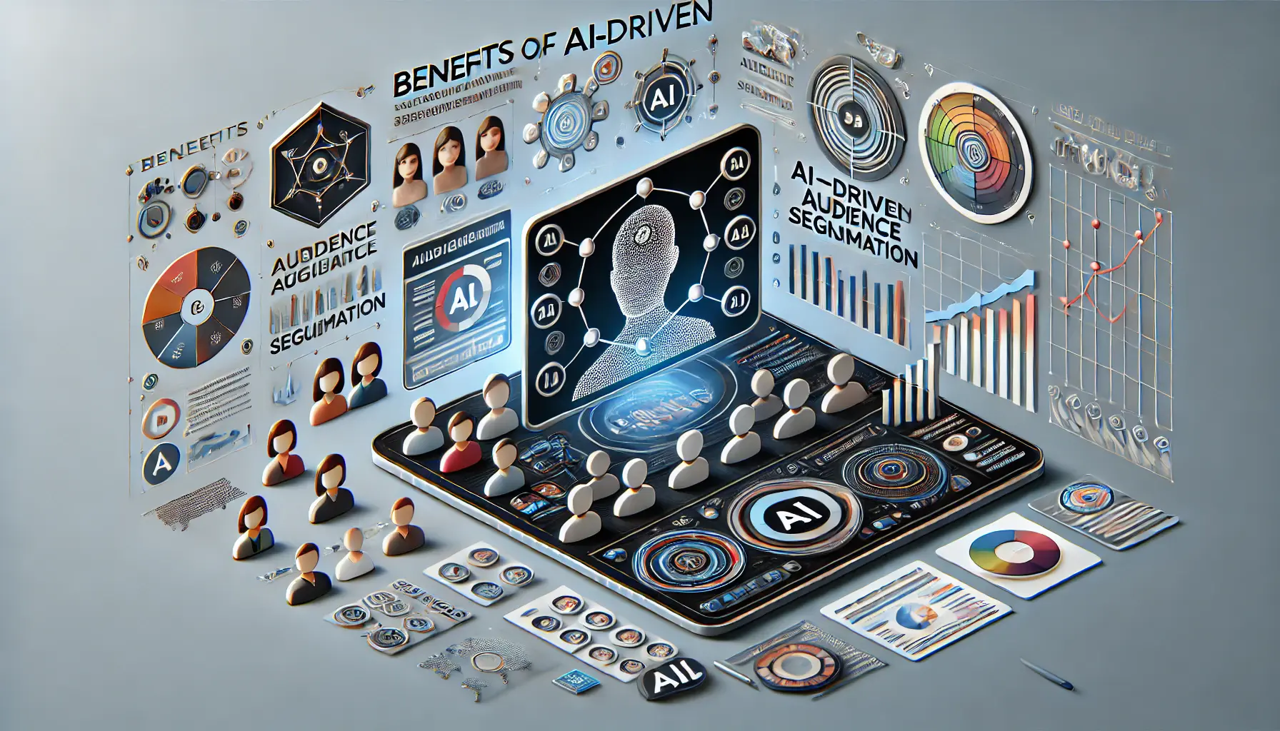 Illustration of AI-driven audience segmentation with a dashboard showing diverse user groups, data clusters, and segmentation charts.