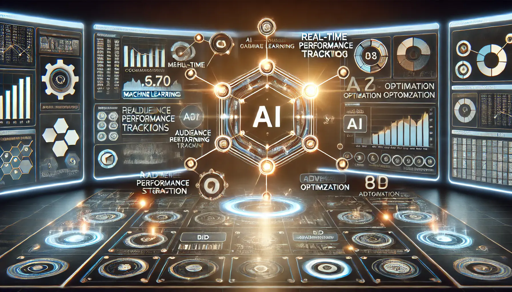 Illustration of a digital workspace featuring a glowing dashboard with real-time analytics and AI-driven campaign optimization visuals.