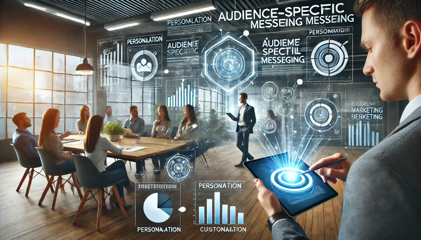 A marketer analyzing customer data and behavior patterns on a tablet, surrounded by charts and graphs, in a collaborative workspace.