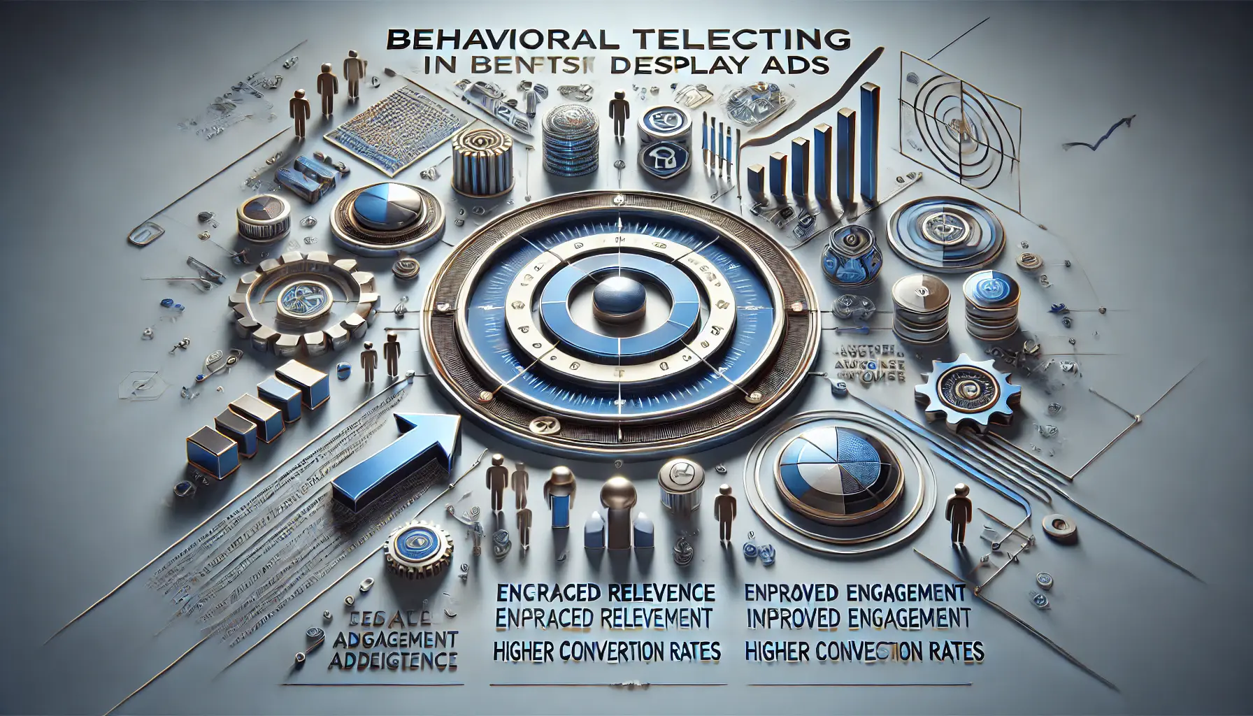 Abstract illustration of behavioral targeting benefits with icons for engagement, audience segmentation, and data flow in cool tones.