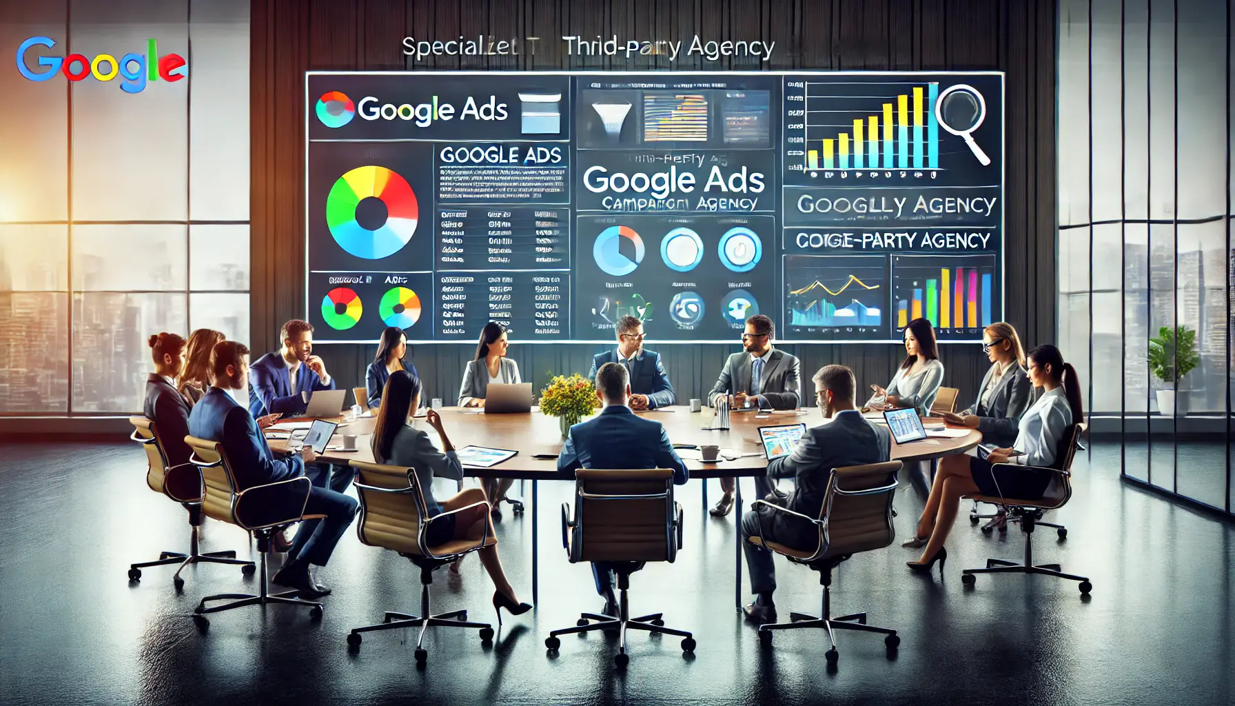 A collaborative meeting in a modern conference room with a screen displaying Google Ads metrics, showcasing teamwork and strategic planning.